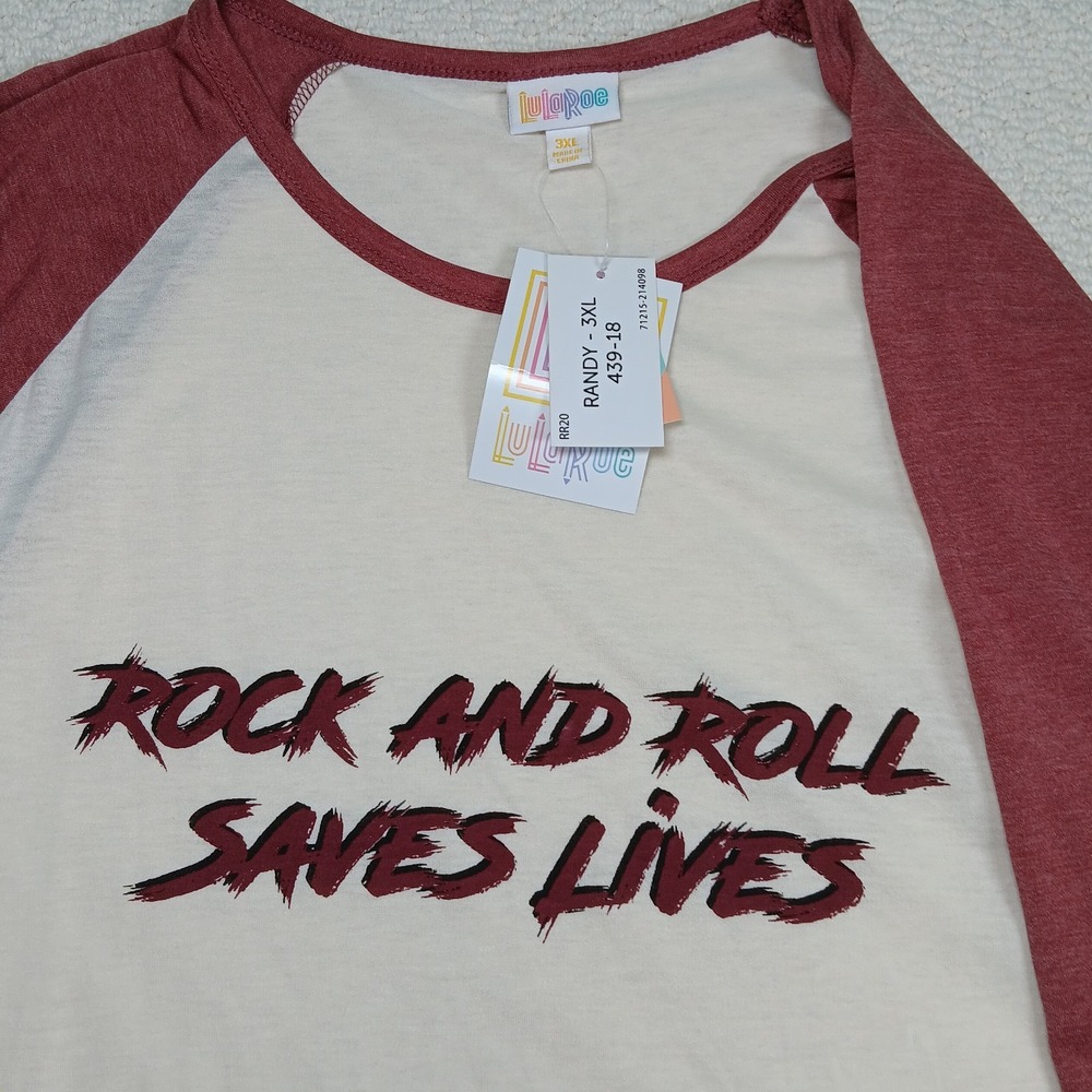 LuLaRoe Randy Shirt 3XL Rock And Roll Saves Lives Baseball Tee NWT Burgundy